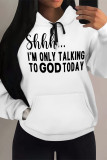 White Casual Letter Print Draw String Pocket Hooded Tops
