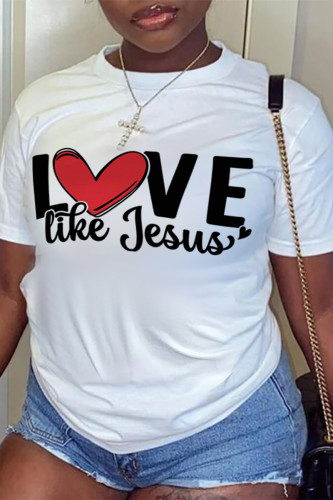 White Daily Love Print Letters O Neck T-Shirts