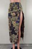Multicolor Casual Jacquard Cartoon Buttons Slit Regular High Waist Conventional Patchwork Skirts