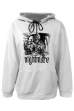 White Grey Casual Letter Print Draw String Pocket Contrast Hooded Tops