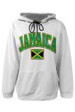 White Casual Letter Print Draw String Pocket Hooded Tops