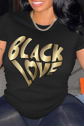 Black Street Heart Pattern Letters O Neck T-Shirts