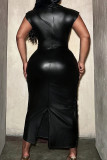 Black Casual Solid Color Patchwork Slit O Neck Long Plus Size Dresses