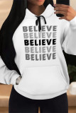 White Grey Casual Letter Print Draw String Pocket Contrast Hooded Tops