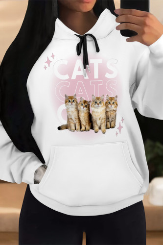 White Yellow Casual Animal Print Cartoon Print Draw String Pocket Hooded Tops