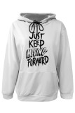 White Grey Casual Letter Print Draw String Pocket Contrast Hooded Tops