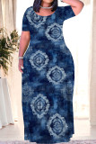 Sky Blue Casual Print Patchwork O Neck Long Plus Size Dresses