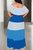 Blue Casual Floral Print Stripe Ruffle Contrast Off Shoulder Long Dresses