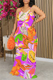 Fuchsia Sexy Floral Print Contrast O Neck Printed Dresses