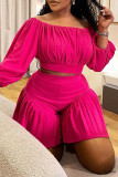 Rose Red Casual Solid Color Patchwork Off Shoulder Plus Size Two Pieces