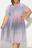 Light Green Casual Floral Print Polka Dot Stripe Ruffle Contrast O Neck Printed Plus Size Dresses