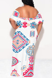 Tibetan Blue Street National Totem Print Ruffle Contrast Off Shoulder Long Dresses