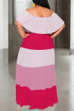 Blue Casual Floral Print Stripe Ruffle Contrast Off Shoulder Long Dresses