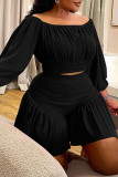 Rose Red Casual Solid Color Patchwork Off Shoulder Plus Size Two Pieces