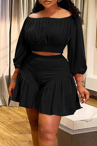 Black Casual Solid Color Patchwork Off Shoulder Plus Size Two Pieces