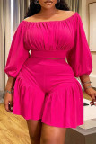 Rose Red Casual Solid Color Patchwork Off Shoulder Plus Size Two Pieces