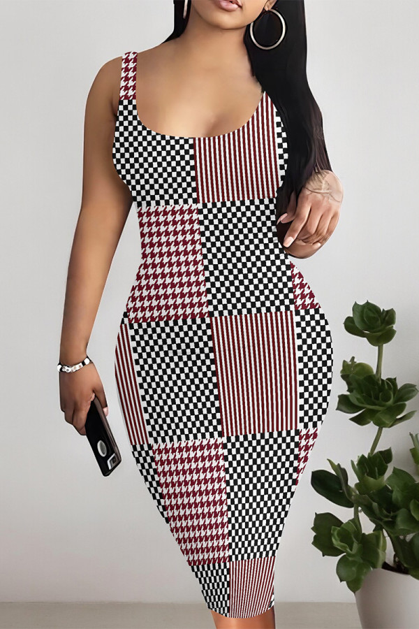 Black Red Sexy Plaid Floral Print Contrast U Neck Printed Dresses