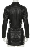 Black Casual Print Pocket Zipper O Neck Long Sleeve Two Pieces