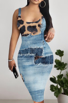 Blue Orange Casual Print Patchwork U Neck Wrapped Skirt Dresses