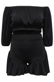 Rose Red Casual Solid Color Patchwork Off Shoulder Plus Size Two Pieces