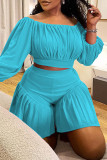 Rose Red Casual Solid Color Patchwork Off Shoulder Plus Size Two Pieces
