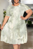 Light Green Casual Floral Print Polka Dot Stripe Ruffle Contrast O Neck Printed Plus Size Dresses