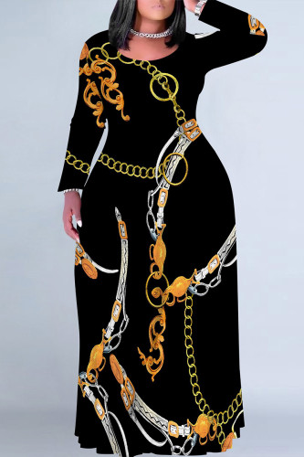 Silver Casual Chain print Contrast O Neck Printed Plus Size Dresses