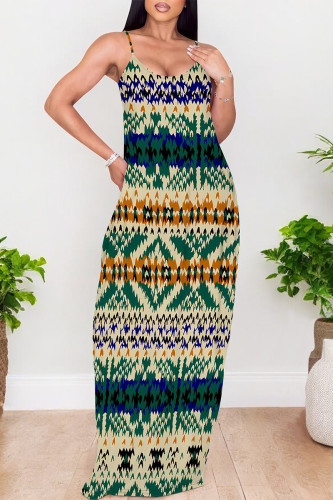 Green Sexy Geometric Print Contrast V Neck Printed Dresses