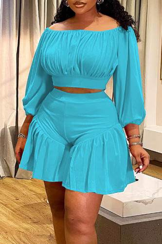 Blue Casual Solid Color Patchwork Off Shoulder Plus Size Two Pieces