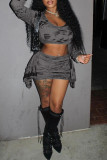 Grey Casual Solid Color Ripped Patchwork O Neck Long Sleeve Two Pieces