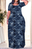 Sky Blue Casual Print Patchwork O Neck Long Plus Size Dresses