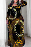 Black Casual Chain print Contrast O Neck Printed Plus Size Dresses