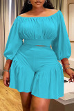 Rose Red Casual Solid Color Patchwork Off Shoulder Plus Size Two Pieces
