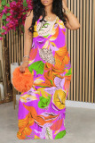 Fuchsia Sexy Floral Print Contrast O Neck Printed Dresses