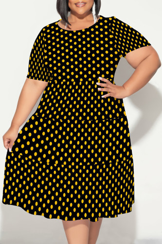 Black Casual Floral Print Polka Dot Stripe Ruffle Contrast O Neck Printed Plus Size Dresses