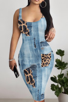 Baby Blue Casual Print Patchwork U Neck Wrapped Skirt Dresses