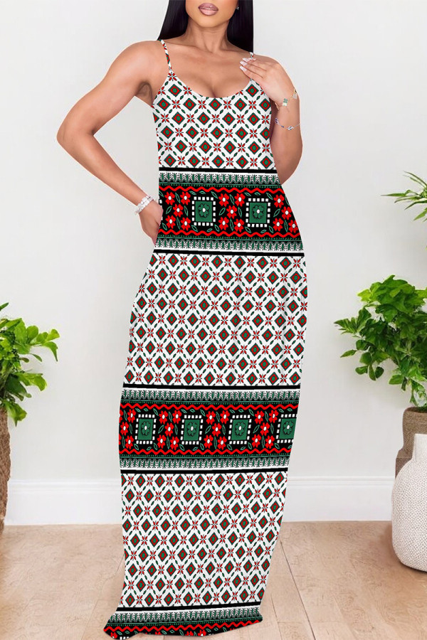Red Green Sexy Geometric Print Contrast V Neck Printed Dresses