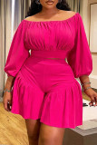 Rose Red Casual Solid Color Patchwork Off Shoulder Plus Size Two Pieces