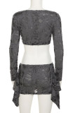 Grey Casual Solid Color Ripped Patchwork O Neck Long Sleeve Two Pieces