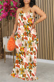 Fuchsia Sexy Floral Print Contrast O Neck Printed Dresses
