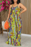 Fuchsia Sexy Floral Print Contrast O Neck Printed Dresses