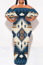 Tibetan Blue Street National Totem Print Ruffle Contrast Off Shoulder Long Dresses