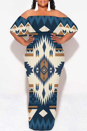 Tibetan Blue Street National Totem Print Ruffle Contrast Off Shoulder Long Dresses