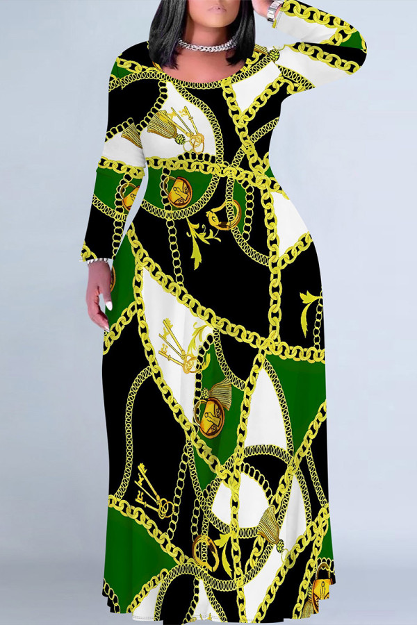 Green Casual Chain print Contrast O Neck Printed Plus Size Dresses