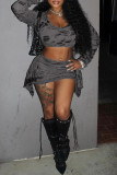 Grey Casual Solid Color Ripped Patchwork O Neck Long Sleeve Two Pieces