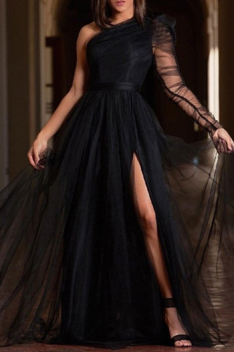 Black Elegant Solid Color High Slit Mesh Oblique Collar Long Plus Size Dresses