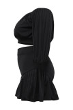 Rose Red Casual Solid Color Patchwork Off Shoulder Plus Size Two Pieces