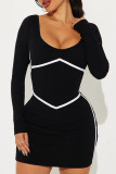 Black Casual Patchwork Contrast U Neck Wrapped Skirt Dresses