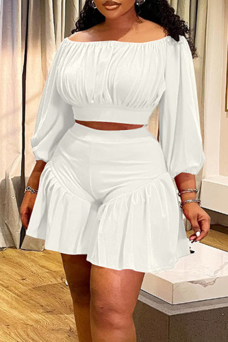 White Casual Solid Color Patchwork Off Shoulder Plus Size Two Pieces