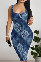 Blue Casual Print Patchwork U Neck Wrapped Skirt Dresses